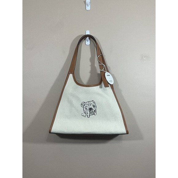 STAUD Handbags - Staud x C Bonz Bulldog Purse Soft Rey Tote Linen Leather Coastal Preppy Dog NWT